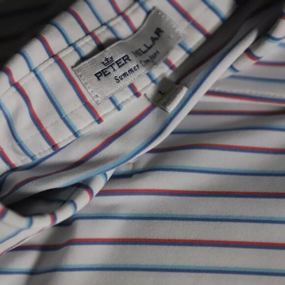 Peter Millar Sumer Comfort Golf Polo Shirt Mens L White/Blue Stripe Embroidery - Picture 6 of 10